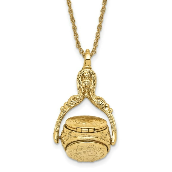 Goldtone Fancy Necklace with Pendants Chain 1928 Jewelry Gold-tone Three Sided Spinning Floral Pattern Oval 13mm Lockets 30 inch Holds 6 Photos 22.5 mm