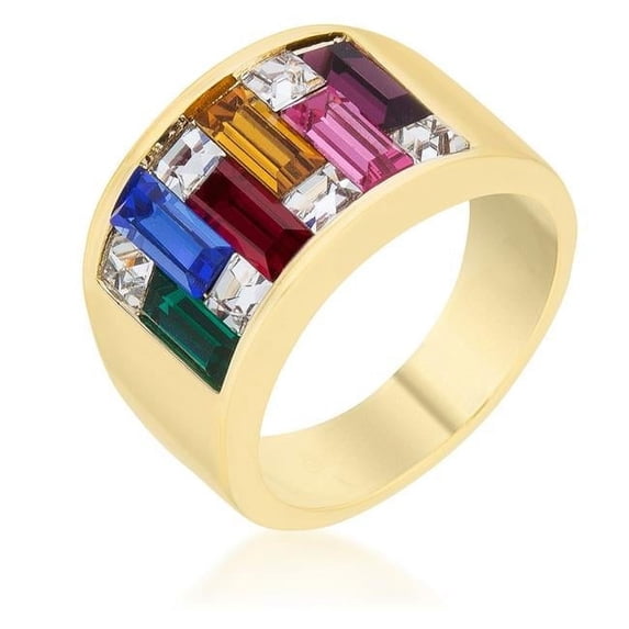 Goldtone Finish Baguette Jewel-Tone Rainbow Crystals Fancy Wide Band
