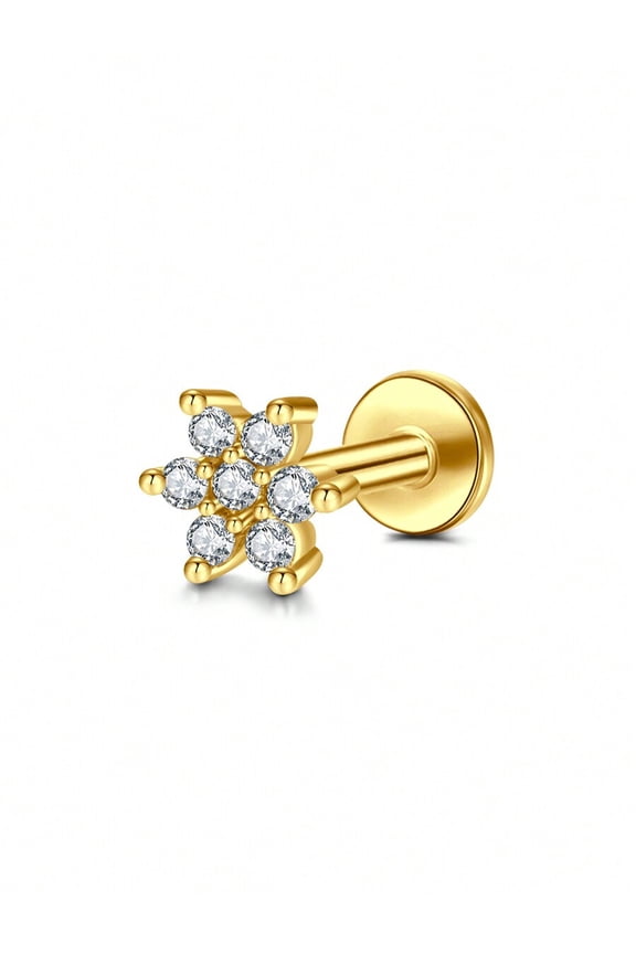 Goldtone Flower-Shape Cubic Zirconia Cartilage Stud Earring 2# Flat Back 16G