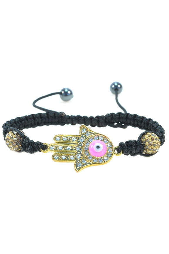 Goldtone Hamsa Hand with Pink Evil Eye Handmade String Adjustable Macrame Bracelet - Good for Protection - 91082