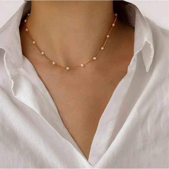 Goldtone Imitation Pearl Dainty Station Chain Necklace
