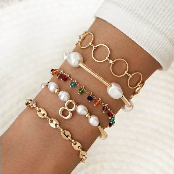 Goldtone Imitation Pearl Multi Colored Bracelet Set