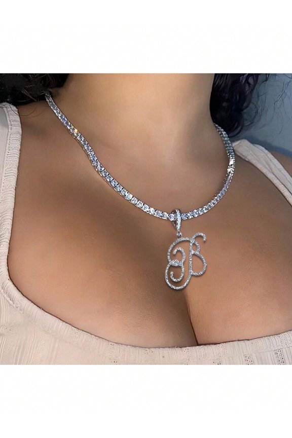 Goldtone Initial Letter Pendant Necklace With Rhinestone Chain