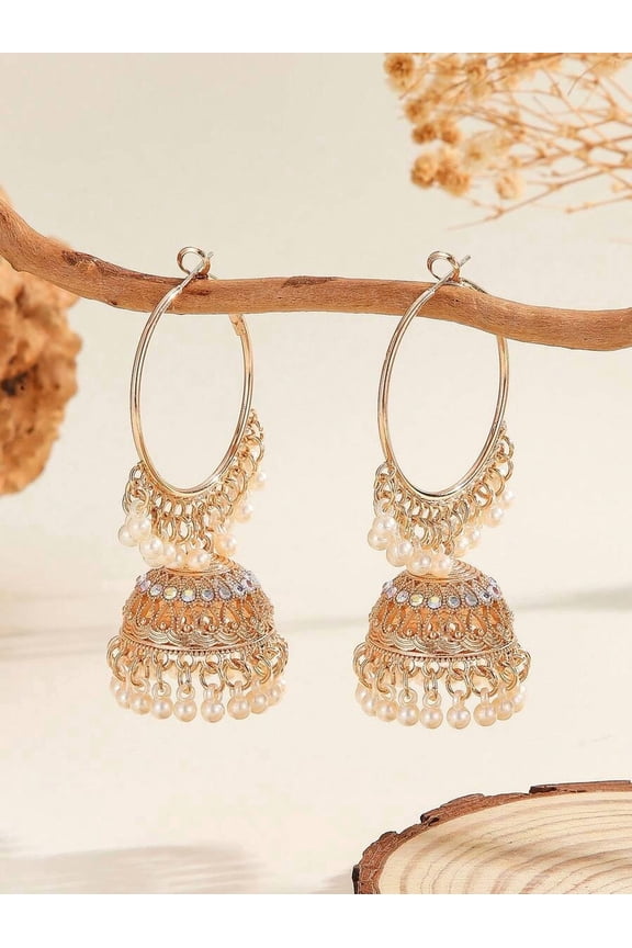 Goldtone Jhumka Hoop Earrings With Faux Pearls And Rhinestones, Fashion Color