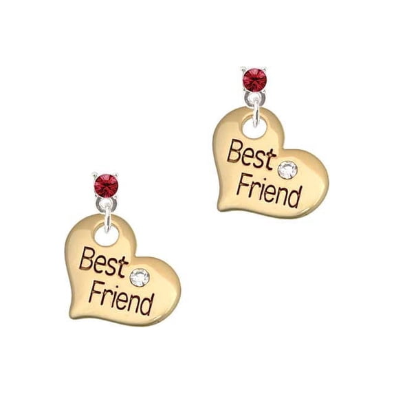 Goldtone Large Best Friend Heart with Crystal - Maroon Crystal Post Earrings