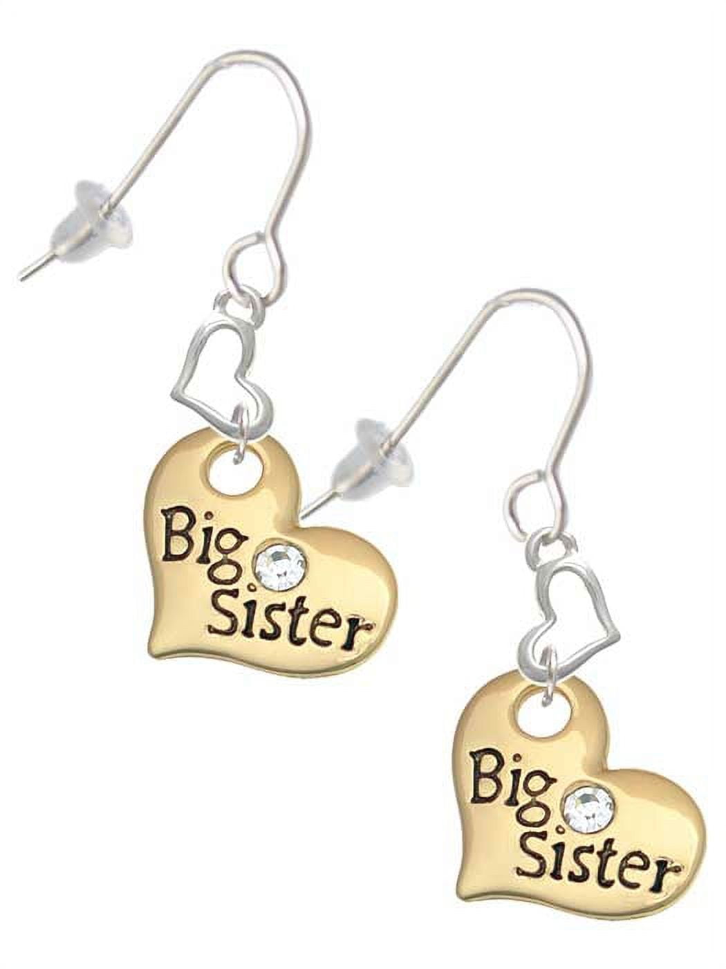 Goldtone Large Big Sister Heart with Clear Crystal - Heart French Earrings