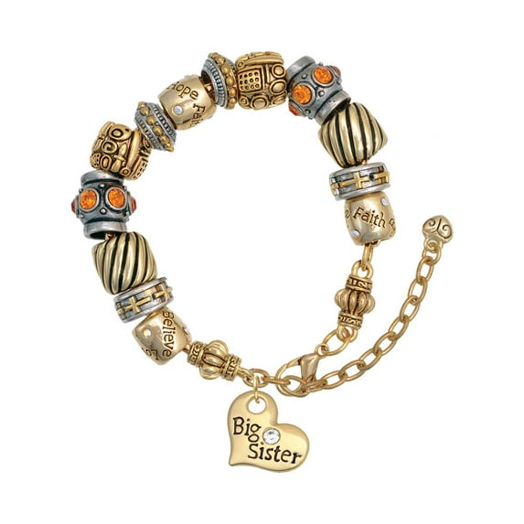 Goldtone Large Big Sister Heart with Clear Crystal - Two Tone Christian Bead Bracelet