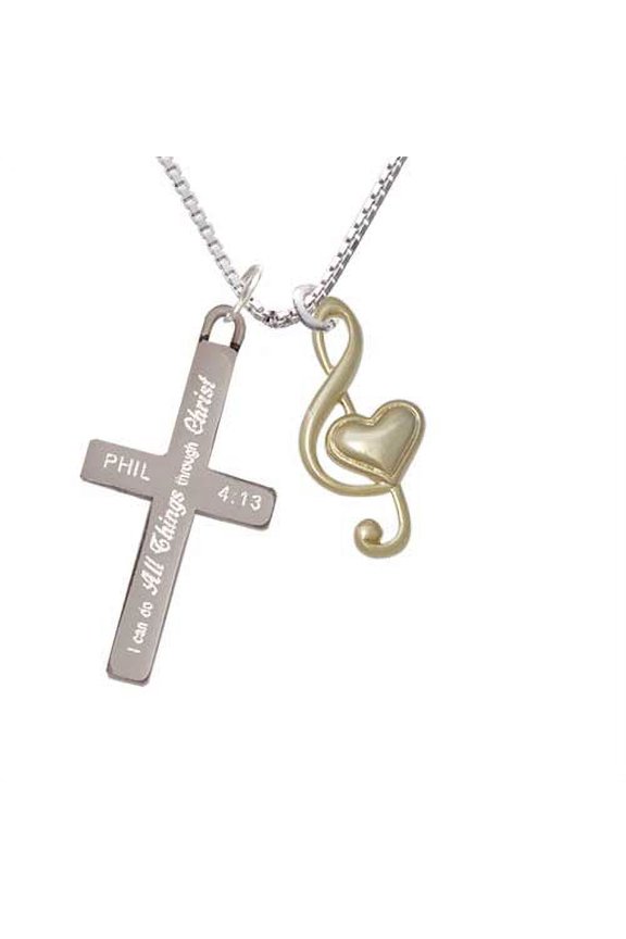 Goldtone Large Clef with Heart - I Can Do All Things - Cross Necklace