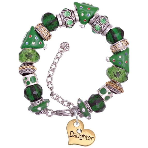 Goldtone Large Daughter Heart with Crystal - Green Christmas Bead Bracelet