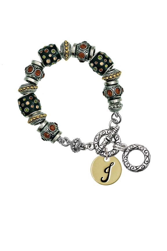 Goldtone Large Disc Letter - J - 3/4'' Fall Crystal Bead Charm Bracelet