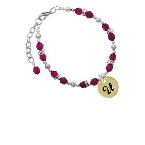 Goldtone Large Disc Letter - U - 3/4'' Magenta Pink Beaded Bracelet
