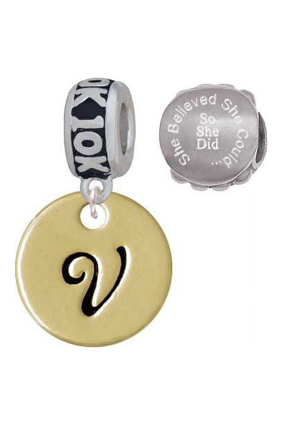 Goldtone Large Disc Letter - V - 3/4'' 10K Run She Believed She Could Charm Beads (Set of 2)