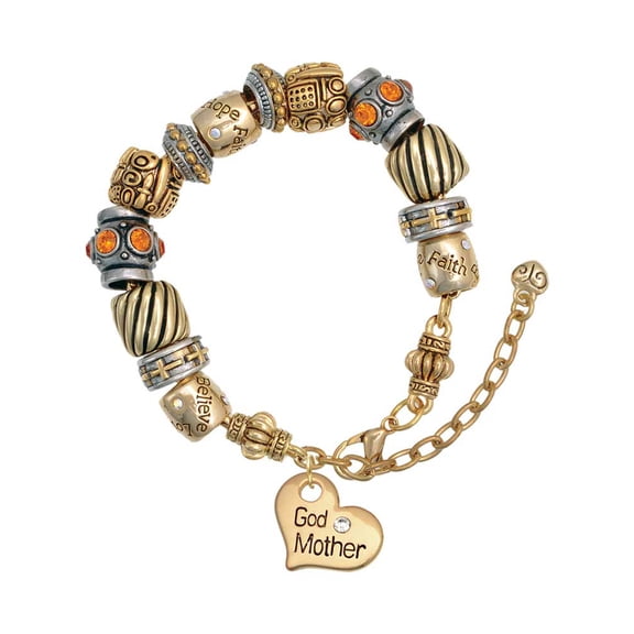 Goldtone Large Godmother Heart with Crystal - Two Tone Christian Bead Bracelet