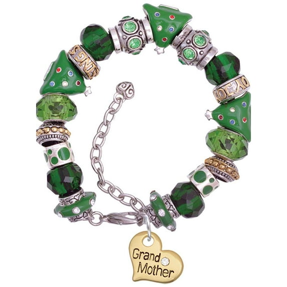 Goldtone Large Grandmother Heart with Crystal - Green Christmas Bead Bracelet