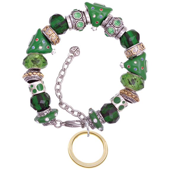 Goldtone Large Karma Ring Green Christmas Bead Bracelet