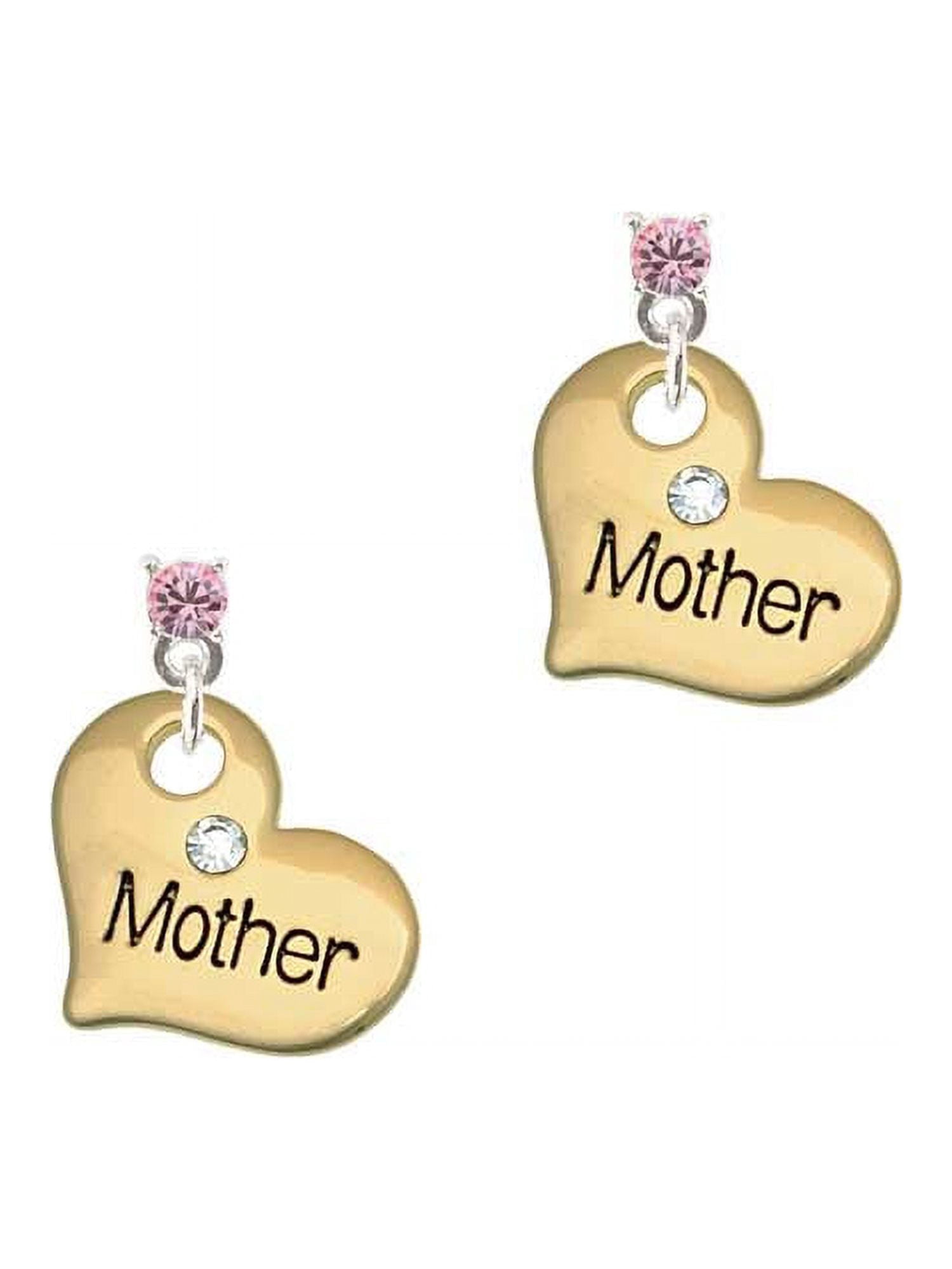 Goldtone Large Mother Heart with Crystal - Light Pink Crystal Post Earrings