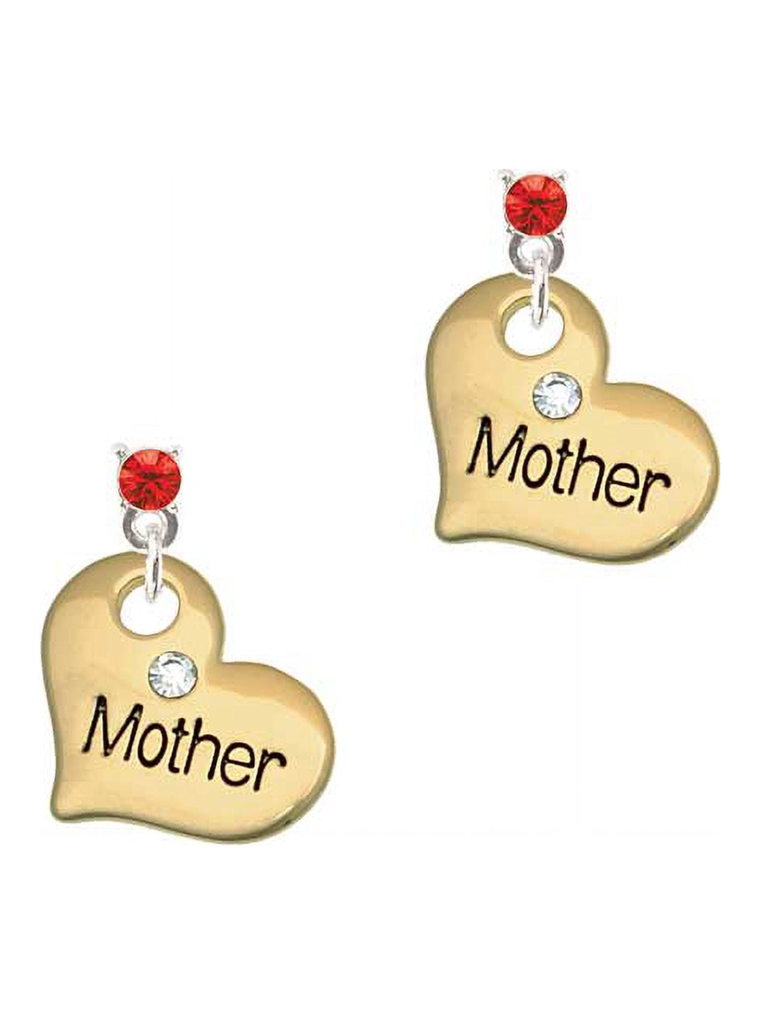Goldtone Large Mother Heart with Crystal - Red Crystal Post Earrings