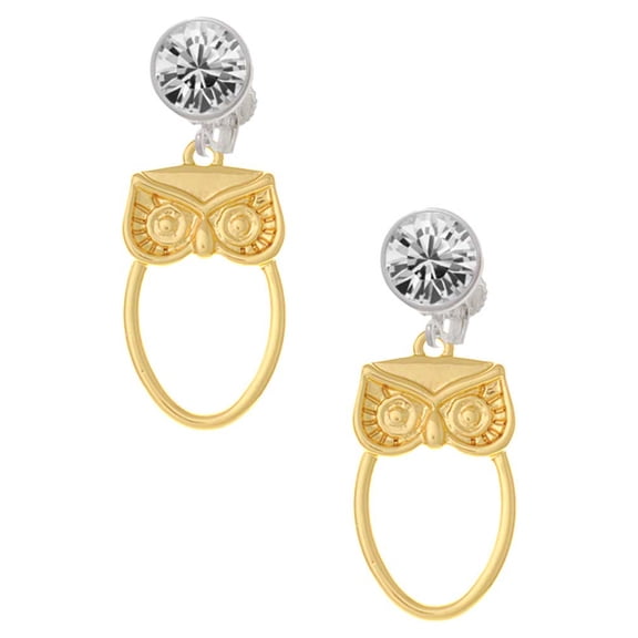 Goldtone Large Owl Outline Clear Crystal Clip On Earrings