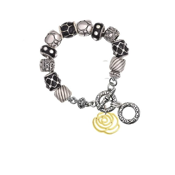 Goldtone Large Rose Outline Black Pebble Bead Charm Bracelet