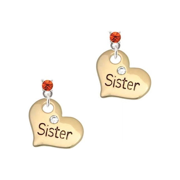 Goldtone Large Sister Heart with Clear Crystal - Orange Crystal Post Earrings