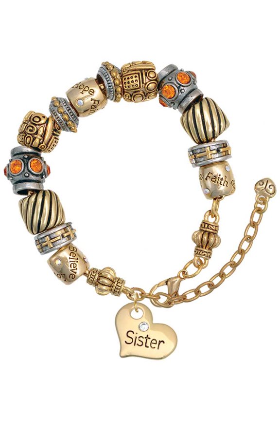 Goldtone Large Sister Heart with Clear Crystal - Two Tone Christian Bead Bracelet