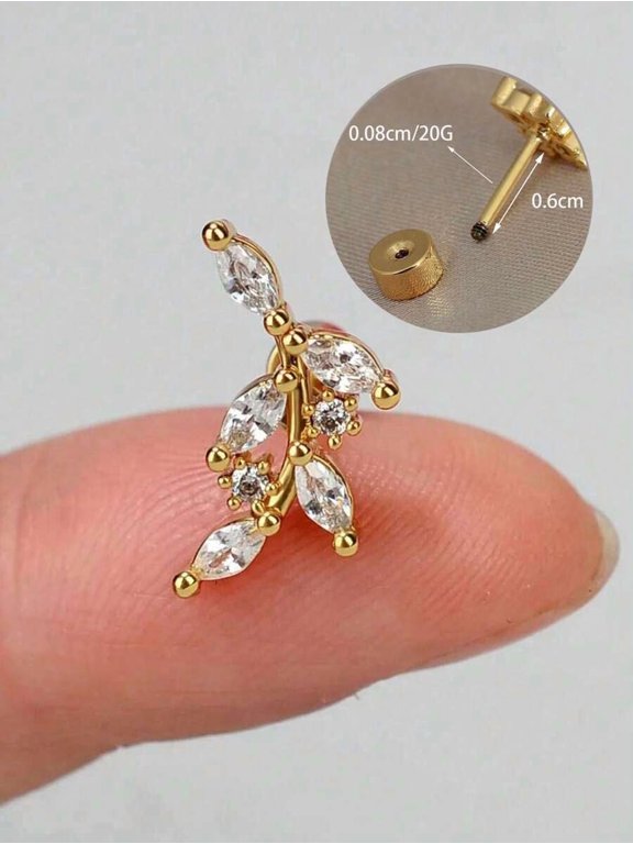 Goldtone Leaf Stud Earring With Cubic Zirconia Crystals For Cartilage Or Lobe 20G