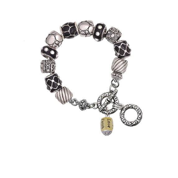 Goldtone Love, Faith, Pray, Peace, Joy, Hope Spinner Black Pebble Bead Charm Bracelet