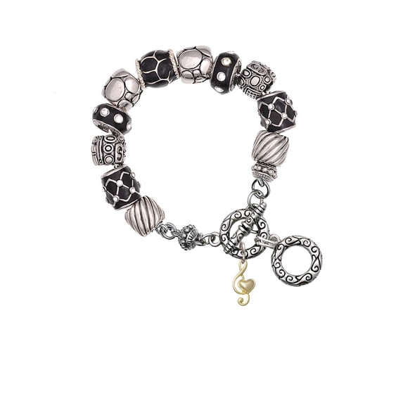 Goldtone Medium Clef with Heart Black Pebble Bead Charm Bracelet