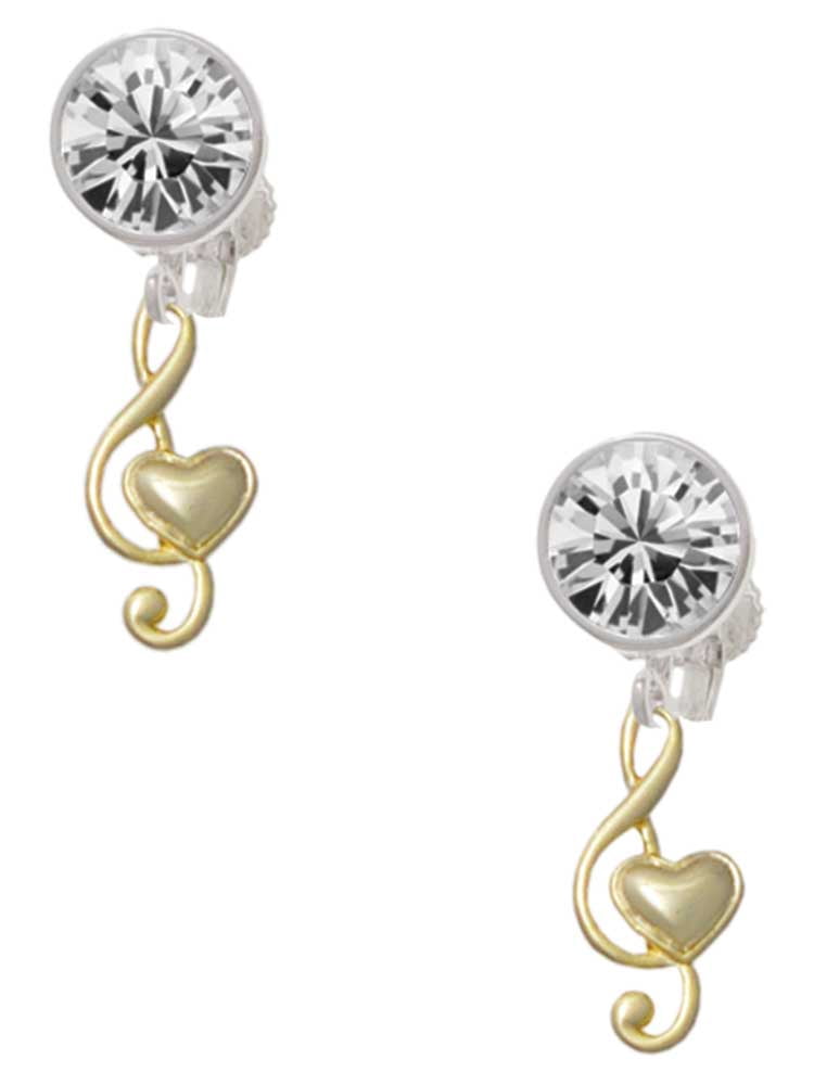 Goldtone Medium Clef with Heart Clear Crystal Clip On Earrings