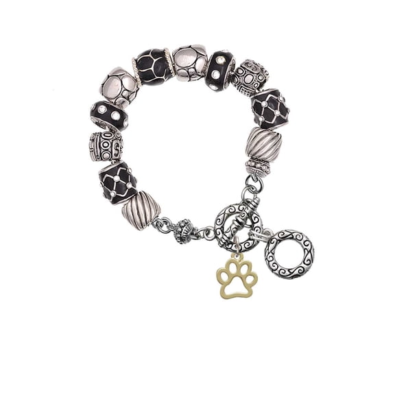 Goldtone Medium Open Paw Black Pebble Bead Charm Bracelet