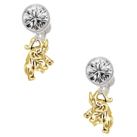 Goldtone Mini 3-D Elephant Clear Crystal Clip On Earrings