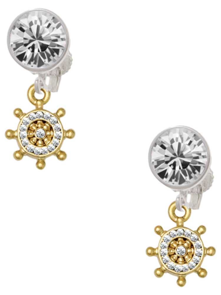 Goldtone Mini Crystal Ship Wheel - Navigation Clear Crystal Clip On Earrings