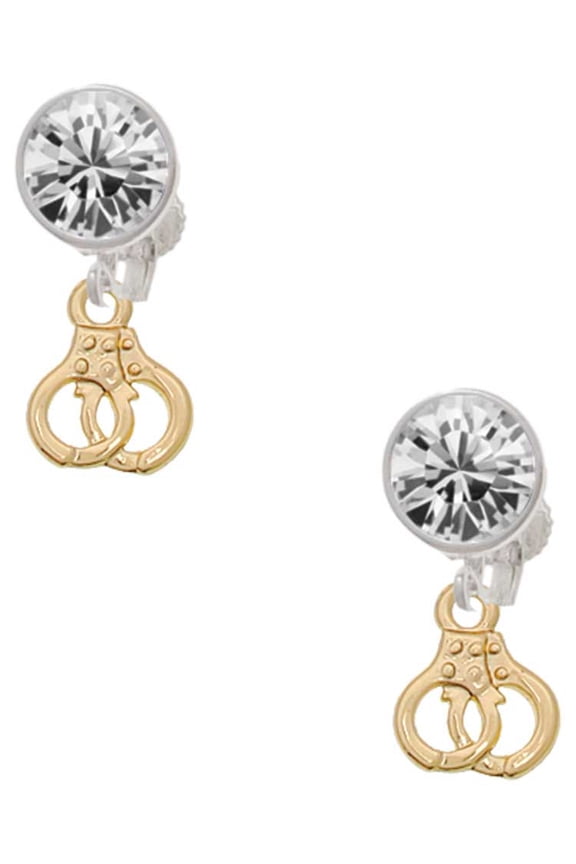 Goldtone Mini Handcuffs Clear Crystal Clip On Earrings