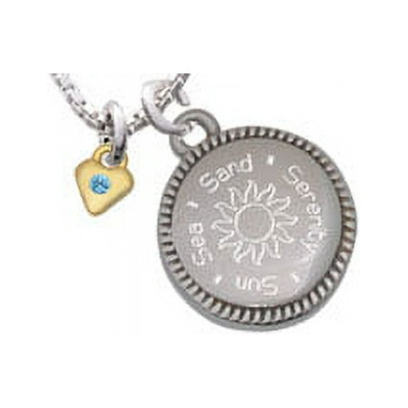 Goldtone Mini March - Hot Blue Crystal Heart Sun Sea Sand Serenity Engraved Necklace
