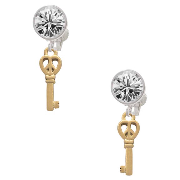 Goldtone Mini Open Peace Heart Key Clear Crystal Clip On Earrings