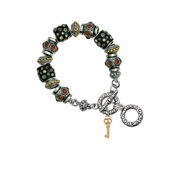 Goldtone Mini Open Peace Heart Key Fall Crystal Bead Charm Bracelet