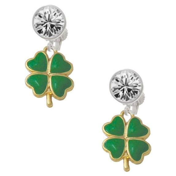 Goldtone Opaque Green Lucky Four Leaf Clover Clear Crystal Clip On Earrings