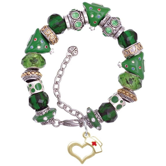 Goldtone Open Heart with Nurse Hat Green Christmas Bead Bracelet