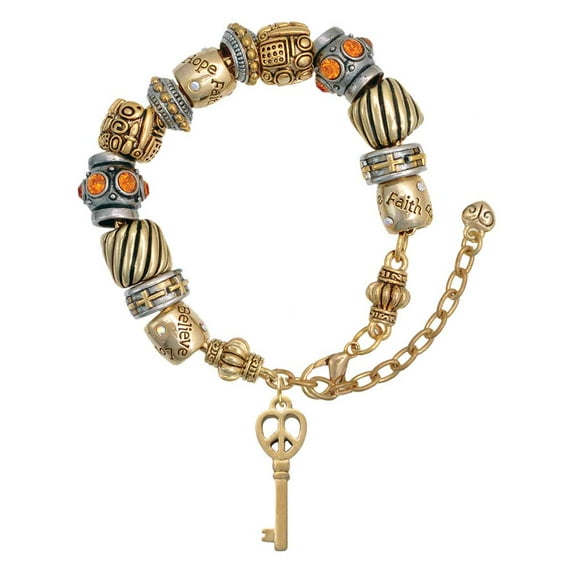 Goldtone Open Peace Heart Key Two Tone Christian Bead Bracelet
