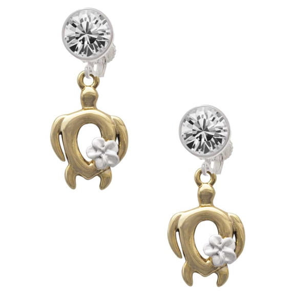 Goldtone Open Sea Turtle with White Plumeria Clear Crystal Clip On Earrings