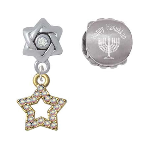 Goldtone Open Star with Clear AB Crystals Happy Hanukkah Charm Beads (Set of 2)