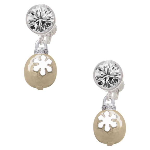 Goldtone Ornament with White Snowflake Clear Crystal Clip On Earrings