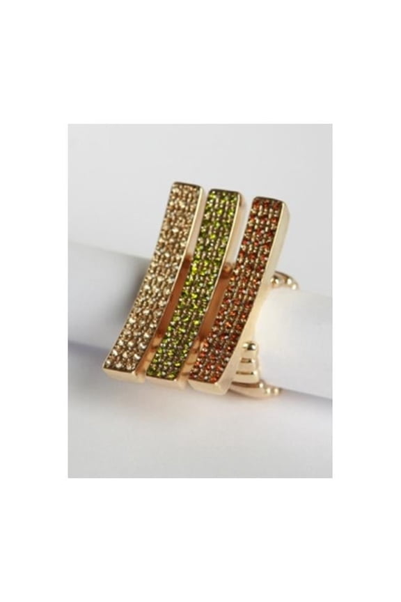 Goldtone Pave Clear Topaz and Green Crystal Elongated Bar Stretch Rings -Set of 3