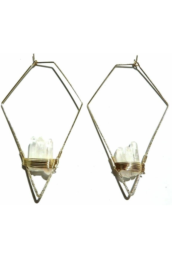 Goldtone Pentagonal Hoop Earrings with Natural Quartz Crystal Stones for pierced or gauged ears[v071]