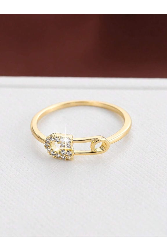 Goldtone Safety Pin Design Cubic Zirconia Stone Womens Ring - Color 9