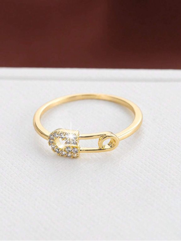 Goldtone Safety Pin Ring With Cubic Zirconia Stones - Color 10