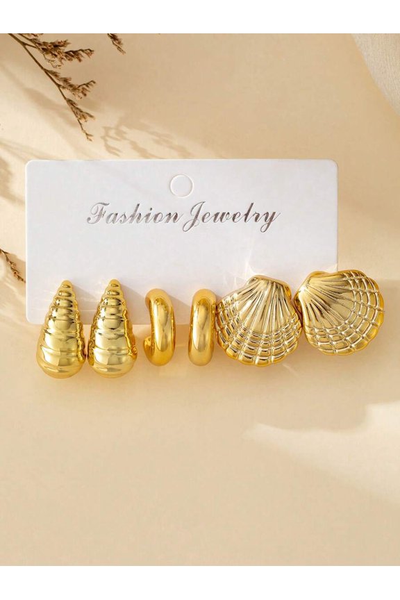 Goldtone Seashell & Horn-Textured Earring Set 6 Pieces