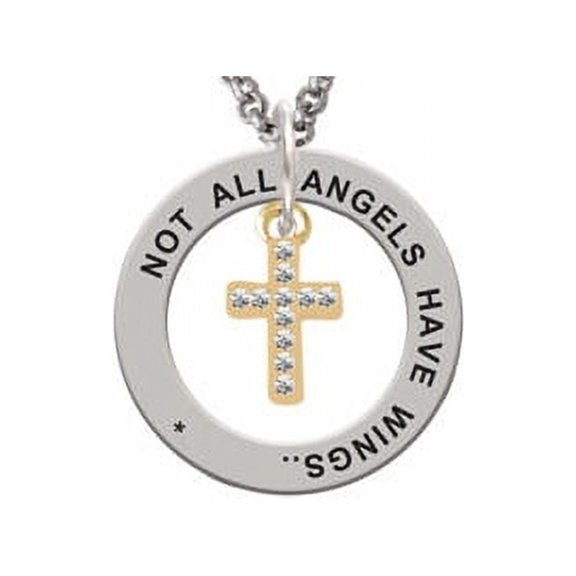 Goldtone Small Crystal Cross Angels Wear Scrubs Affirmation Ring Necklace