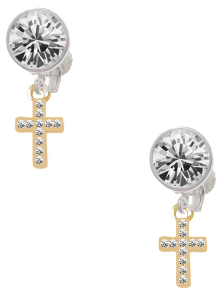 Goldtone Small Crystal Cross Clear Crystal Clip On Earrings