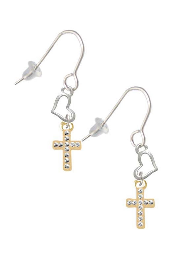 Goldtone Small Crystal Cross Heart French Earrings